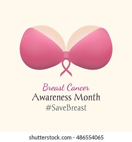 National Breast Cancer Awareness Month. Woman's breast in a pink bra on a white background. Vector illustration, eps10. svg