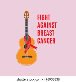 National Breast Cancer Awareness Month design elements. Pink Breast Cancer Ribbon on a guitar, vector illustration