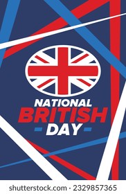 National British Day. Happy holiday, celebrated annual. Great Britain flag. British fame and glory. United Kingdom patriotic elements. Festival and parade design. Vector poster illustration