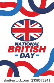 National British Day. Happy holiday, celebrated annual. Great Britain flag. British fame and glory. United Kingdom patriotic elements. Festival and parade design. Vector poster illustration