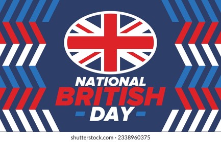 National British Day. Happy holiday, celebrated annual. Great Britain flag. British fame and glory. United Kingdom patriotic elements. Festival and parade design. Vector poster illustration