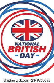 National British Day. Happy holiday, celebrated annual. Great Britain flag. British fame and glory. United Kingdom patriotic elements. Festival and parade design. Vector poster illustration