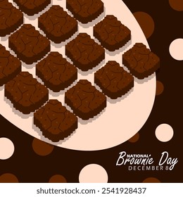 National Brownie Day to celebrate on December 8th. Chocolate brownies neatly arranged on a dark brown background. Food event banner.