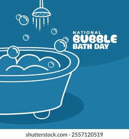 National Bubble Bath Day to celebrate on January 8th. Line art illustration of a bathtub with foam, bubbles and a shower on teal background.