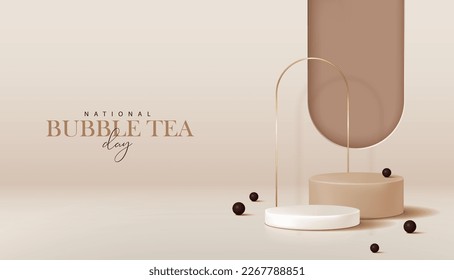 National bubble tea day banner for product demonstration. White and light brown pedestal or podium with tapioca balls on light brown background. - Shutterstock ID 2267788851