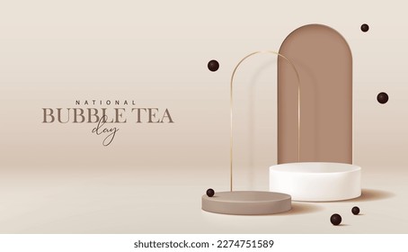 Cartel del Día Nacional del té de burbuja para la demostración de productos. pedestal o podio blanco y marrón claro con bolas de tapioca sobre fondo marrón claro.