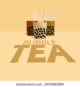 National Bubble Tea Day event banner. Three glasses of bubble tea with various flavors on cream background to celebrate on April 30th