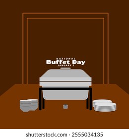 National Buffet Day to celebrate on January 2nd. Buffet preparation with plates and bowls on a brown table.