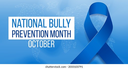 National Bully Prevention Month Concept. Banner Template With  Blue Ribbon Awareness And Text. Vector Illustration.