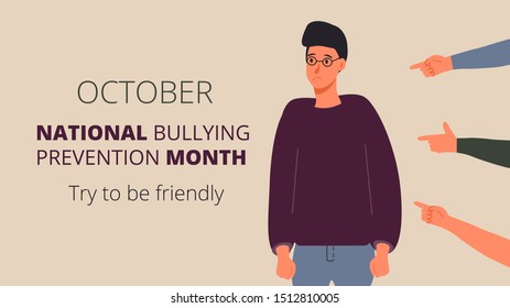 National Bullying Prevention month in October in USA. Victim man scene in society. Stressed boy in shame and hands with pointing finger. Concept of accusation in life, depression in work, in school.