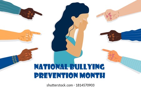 National Bullying Prevention month in October in USA. Victim girl scene in society. Stressed woman in shame and hands with pointing finger. Concept of accusation, depression in work, in school.