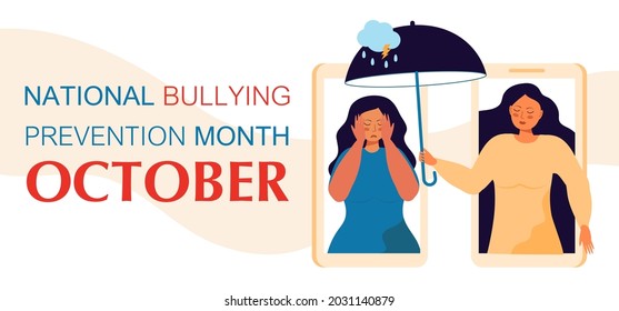 National Bullying Prevention month in October in USA. Victim scene in society. Stressed person in shame and hands with pointing finger. Concept of accusation in life, depression in work, in school.