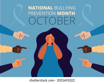 National Bullying Prevention Month In October In USA. Victim Scene In Society. Stressed Person In Shame And Hands With Pointing Finger. Concept Of Accusation In Life, Depression In Work, In School.