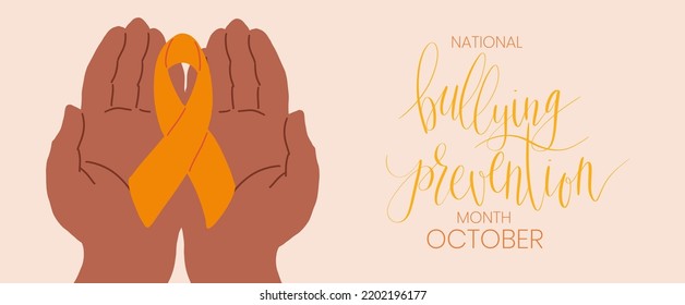 National Bullying Prevention Month October web banner. Orange support and awareness ribbon symbol. Vector illustration art