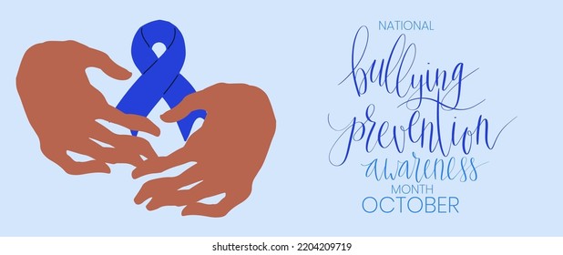 National Bullying Prevention Month October web banner. Blue support and awareness ribbon symbol. Vector illustration art