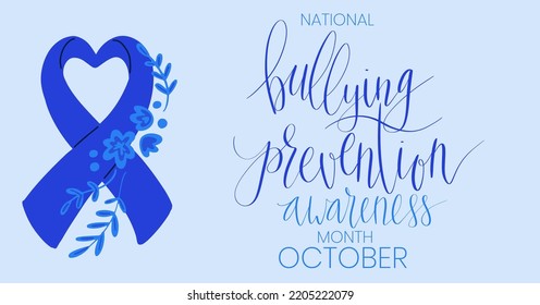 National Bullying Prevention Month October web banner. Blue support and awareness ribbon symbol. Vector illustration art