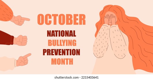 National Bullying Prevention month in October in USA. Victim scene in society. Stressed person in shame and hands with pointing finger. Concept of accusation in life, depression in work, in school.