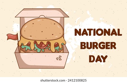 National Burger Day concept holiday. Retro groovy cartoon Burger poster. Vintage fast food retro colors. Flat style. Funky vector illustration