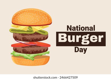 National Burger Day. Junk food day. Fast food day. Vector illustration. Burger in cartoon style.  Holiday and celebration. Retro. Fast food and burger concept. Cafes and restaurants. Takeaway food. 