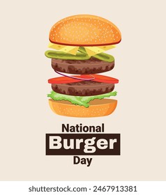 National Burger Day. Junk food day. Fast food day. Vector illustration. Burger in cartoon style. The burger is opened and what's inside is shown. Cutlet, bun, onion, cucumbers, tomatoes, cheese. 