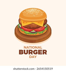 Ilustração vetorial do cartaz do Dia Nacional do Hambúrguer. Hambúrguer com queijo e alface em um vetor de bandeja de madeira. Modelo para plano de fundo, banner, cartão. Dia importante