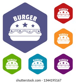 National burger icons vector colorful hexahedron set collection isolated on white 