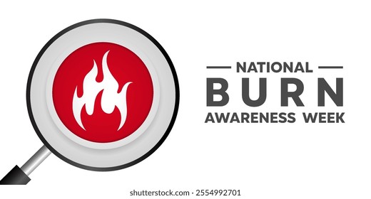 National Burn Awareness Week. Fire and magnifying glass. Great for cards, banners, posters, social media and more. White background.