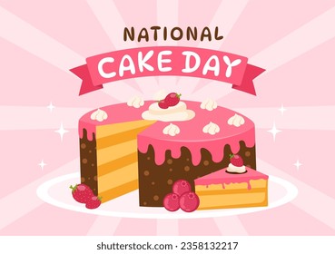 Ilustración vectorial del Día Nacional del Pastel en festividad, 26 de noviembre con pan dulce en planas caricaturas de fondo rosado