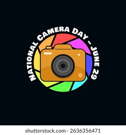 National Camera Day to celebrate on June 29th. An orange camera with colorful camera diaphragms behind it on a black background.