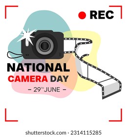 National Camera Day post design. Camera icon illustration template with photo roll. Modern graphics of national event celebrations with technology concepts