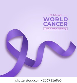 National Cancer Awareness Day design template featuring a purple ribbon and balloons, perfect for celebration and awareness events.