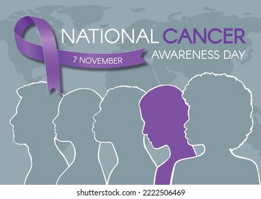 National Cancer Awareness Day. Horizontal poster with purple ribbon, space for text, and diverse people. Vector flat illustration.