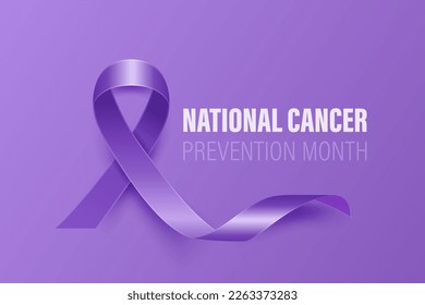 National Cancer Prevention Month Banner, Card, Placard with Vector 3d Realistic Lavender Ribbon on Lavender Background. Cancer Prevention Awareness Month Symbol Closeup. World Cancer Day Concept