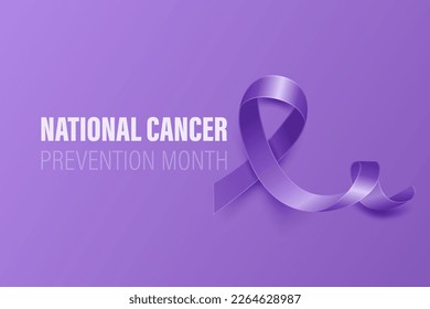 National Cancer Prevention Month Banner, Card, Placard with Vector 3d Realistic Lavender Ribbon on Lavender Background. Cancer Prevention Awareness Month Symbol Closeup. World Cancer Day Concept