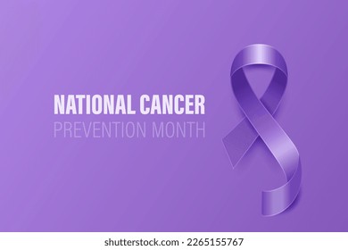 National Cancer Prevention Month Banner, Card, Placard with Vector 3d Realistic Lavender Ribbon on Lavender Background. Cancer Prevention Awareness Month Symbol Closeup. World Cancer Day Concept