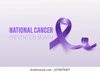 Pancarta, tarjeta, placa con cinta de lavanda realista Vector 3d sobre fondo blanco, Mes Nacional de Prevención del Cáncer Cierre del Símbolo Mes de Concienciación sobre Prevención del Cáncer. Concepto del Día Mundial del Cáncer