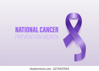 National Cancer Prevention Month Banner, Card, Placard with Vector 3d Realistic Lavender Ribbon on White Background. Cancer Prevention Awareness Month Symbol Closeup. World Cancer Day Concept