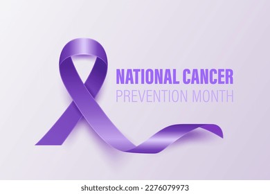 Pancarta, tarjeta, placa con cinta de lavanda realista Vector 3d sobre fondo blanco, Mes Nacional de Prevención del Cáncer Cierre del Símbolo Mes de Concienciación sobre Prevención del Cáncer. Concepto del Día Mundial del Cáncer