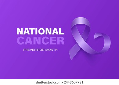 National Cancer Prevention Month, February. Banner, Card, Placard with Realistic 3D Vector Lavender Ribbon on Lavender Background. Cancer Awareness Month Symbol, Closeup. World Cancer Day Concept