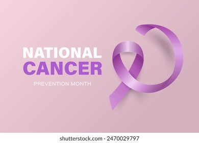 National Cancer Prevention Month, February. Banner, Card, Placard with Realistic 3D Vector Lavender Ribbon on Lavender Background. Cancer Awareness Month Symbol, Closeup. World Cancer Day Concept