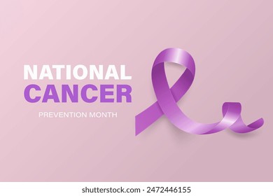 National Cancer Prevention Month, February. Vector Banner, Card with Realistic 3D Vector Lavender Ribbon on Lavender Background. Cancer Awareness Month Symbol, Closeup. World Cancer Day Concept