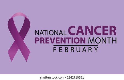 El mes nacional de prevención del cáncer se celebra cada año en febrero, Banner con cinta morada y texto. Ilustración vectorial.