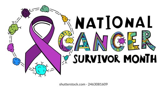 National cancer survivor month. Hope, support concept. I am a survivor. Landscape poster with creative lettering in colorful pop art style. Editable vector illustration isolated on a white background