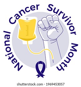 National Cancer Survivor Month. Raised Hand With Dropper. Support Symbol. Fight Against Cancer Disease. Blue Ribbon. Vector Illustration. Healthcare Poster Or Greeting Card Or Banner Template.