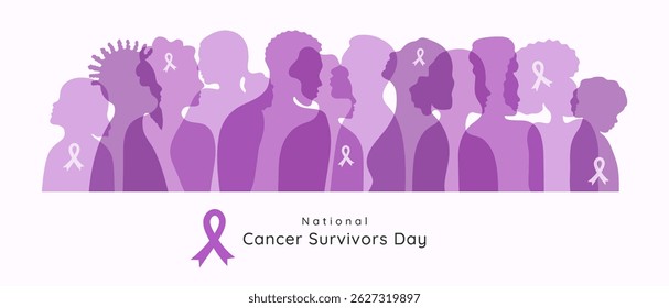 National Cancer Survivors day banner template with diversity people silhouette. Minimalist design flat style illustration background