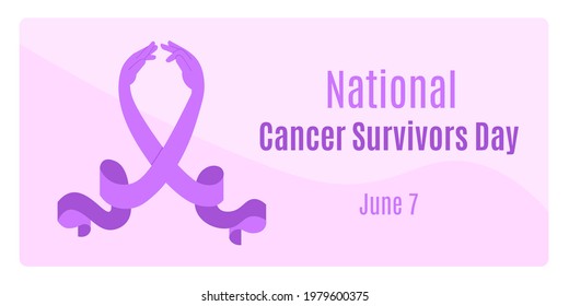 National cancer survivors day lavender awareness ribbon with helping hands as a concept of support and solidarity. Horizontal vector banner template devoted to people who conquered oncological disease