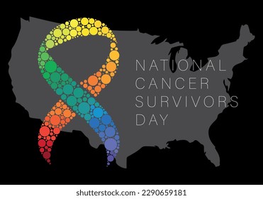 Día Nacional de Sobrevivientes de Cáncer. Cinta arcoiris y mapa de Estados Unidos