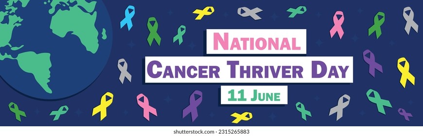 National Cancer Thriver Day vector banner design with color ribbon icon pattern, planet earth illustration and typography on dark blue background. National Cancer Thriver Day modern minimal poster.