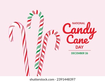 National Candy Cane Day poster vector illustration. Christmas candy cane icon set isolated on a pink background. Sweet christmas symbol. Hard peppermint stick candy drawing. December 26 every year