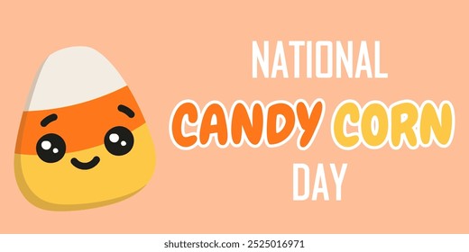 National Candy corn Day celebrates on October 30th. Horizontal Poster with candy corn cartoon character isolated on peach fuzz color background. Cute vector poster for postcard, flyer, banner